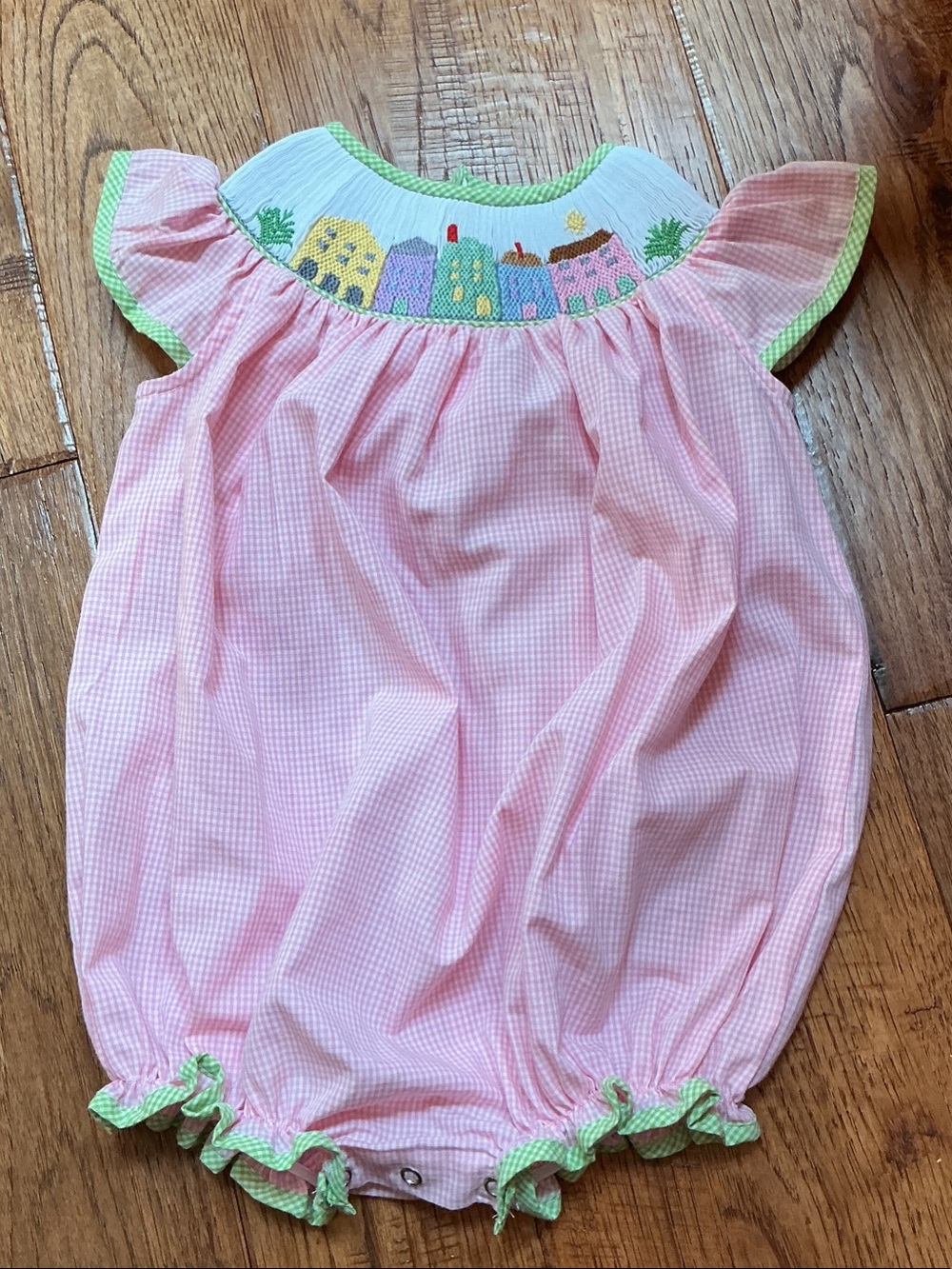 Pink Gingham Smocked Bubble Dress for Kids with Green Trim.